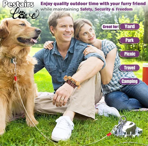 Vista 6 de Cable de amarre giratorio de 360° y estaca para perros, anclaje de acero inoxidable para perros pequeños a grandes, cable reflectante sin enredos
