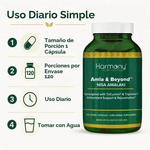 Vista 7 de Harmony Nutraceuticals Amla & Beyond™ (Nisa Amalaki) Fórmula tradicional de hierbas ayurvédicas con amla, cúrcuma y triperina™, vegetariana, 120