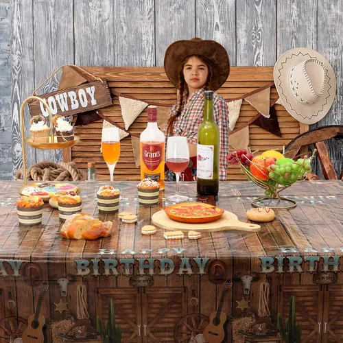 Vista 2 de BBTO 3 manteles occidentales para decoración de fiesta de cumpleaños, mantel de feliz cumpleaños del oeste, mantel de plástico occidental