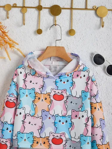 Vista 3 de SOLY HUX Girl's Cartoon Graphic Hoodies Cat Print Long Sleeve Pullover Crop Tops Cute Sweatshirt