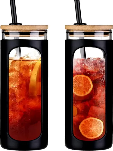 Vista 37 de Kodrine Vaso para agua de vidrio de 20 onzas con popote y tapa, botella de agua con tapas de bambú, taza para café helado, reutilizable, boca ancha