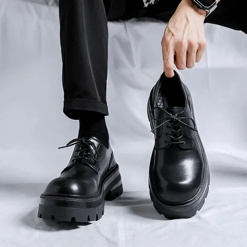 Vista 2 de Zapatos Oxford de cuero con plataforma con cordones para hombre Zapatos de vestir con suela de talón grueso y punta redonda Zapatos clásicos