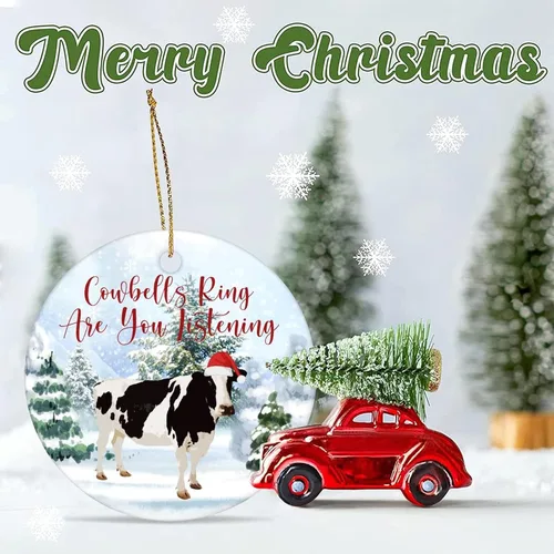 Vista 6 de Adorno redondo de cerámica de 3 pulgadas con diseño de campanillas de recuerdo de animales y vacas, colgante de árbol de nieve para adornos de árbol