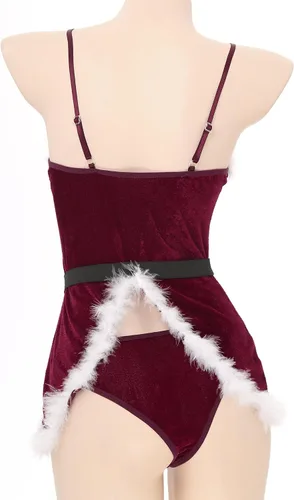 Vista 6 de TTAO Women Red Santa Lingerie Fur Trimed Babydolls Chemises Sexy Bustier Corset Top Bodysuit