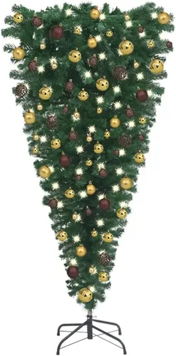 Vista 15 de Árbol de Navidad artificial verde al revés de 5 pies con 150 luces LED y bolas de Navidad doradas, árbol de Navidad artificial completo