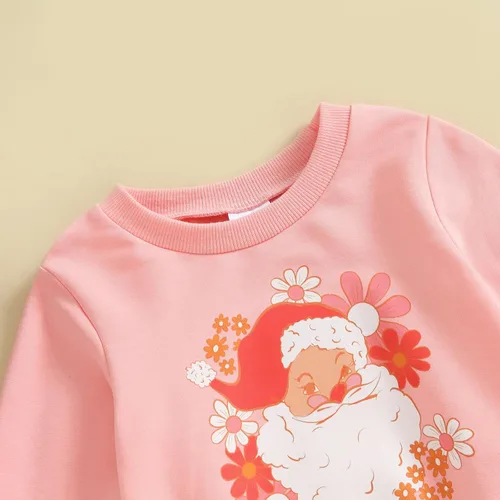 Vista 3 de Traje de Navidad para bebé niña con estampado de Papá Noel, camisas de cuello redondo, sudadera con estampado de flores de Papá Noel