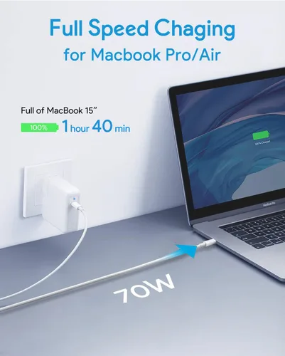 Vista 3 de Cargador Mac Book Pro, adaptador de corriente de cargador USB C de 70 W para MacBook Pro/Air de 13/14 pulgadas, para MacBook de 12 pulgadas, incluye