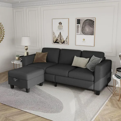 Vista 4 de Sofá modular para sala de estar, sofá en forma de L, pequeño modular de 3 asientos, cómodo lino con almacenamiento de asiento profundo, fundas