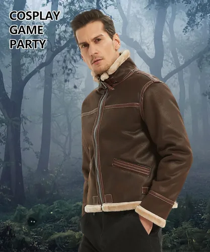 Vista 5 de HOTIME Chaqueta de bombardero de cosplay para hombre, disfraz de anime, cuello alto, abrigo de piel sintética (marrón, XS-3XL)
