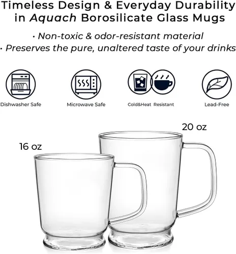 Vista 5 de Aquach - Juego de 2 tazas de vidrio transparente de 16 onzas, tazas de té grandes para café Apta para lavavajillas/microondas, vidrio