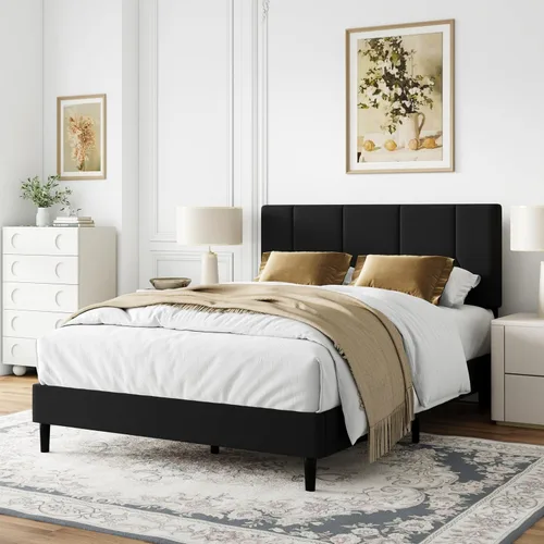 Vista 19 de IOILORI Base de cama tamaño matrimonial con cabecera tapizada de terciopelo, listones de madera resistentes, sin caja de resortes, sin ruido, fácil