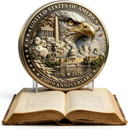 Vista 2 de Moneda del 250 aniversario de Estados Unidos 1776-2026 Mercancía 3D America 250 para celebración patriótica, regalos del Día de la Independencia