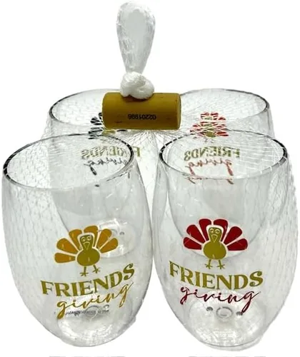 Vista 3 de Juego de 4 copas de vino de plástico irrompibles de 16 onzas sin tallo de diseño navideño (ideal para regalar)