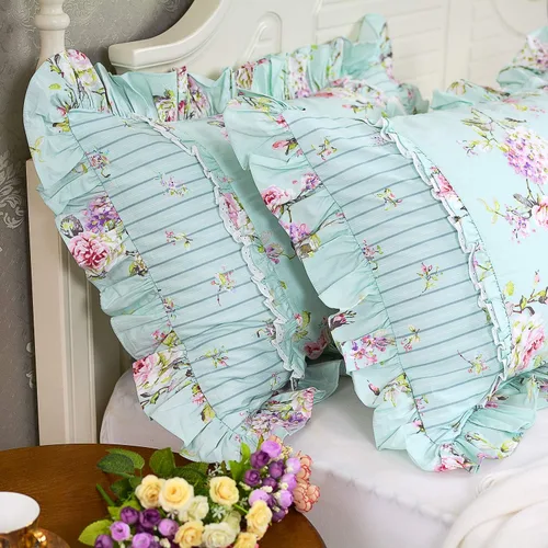 Vista 2 de FADFAY Fundas de almohada con volantes, hermosas fundas de almohada de granja, color azul (azul, tamaño estándar 19 x 29 pulgadas)