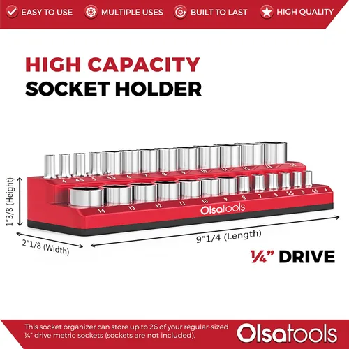 Vista 3 de Olsa Tools - Organizador magnético de llaves de vaso Con accionamiento de 1/4 pulgada Métrico Rojo Con capacidad para 26 llaves de vaso