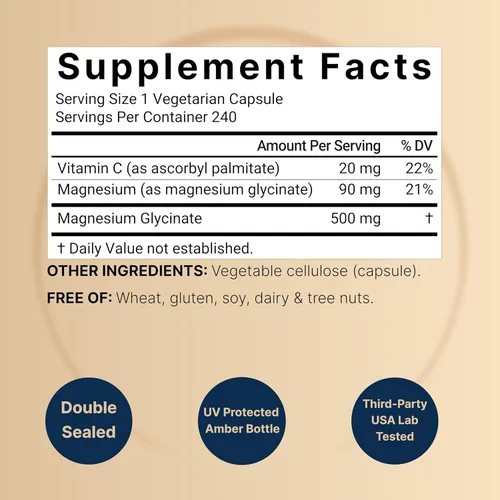 Vista 2 de Cápsulas de glicinato de magnesio de 500 mg, 240 unidades, 100 % quelado y purificado, probado por terceros, sin OGM y sin gluten