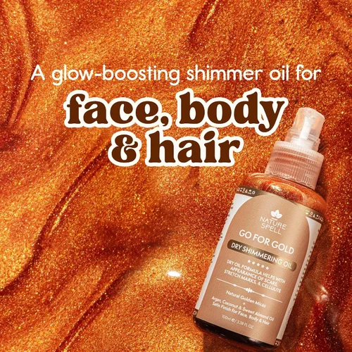 Vista 2 de Nature Spell Aceite seco brillante para cuerpo y cara, hidratante ligero con acabado brillante, infundido con aceites de argán y coco, vegano