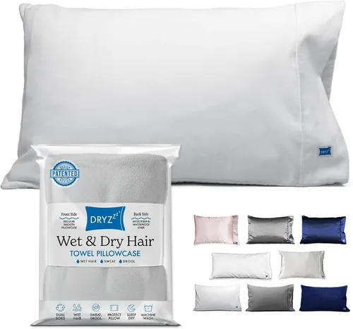Vista 9 de DryZzz Juego de 2 fundas de almohada impermeables de tamaño King de 35 x 19 pulgadas, absorbente de doble cara para cabello húmedo y seco, poliéster