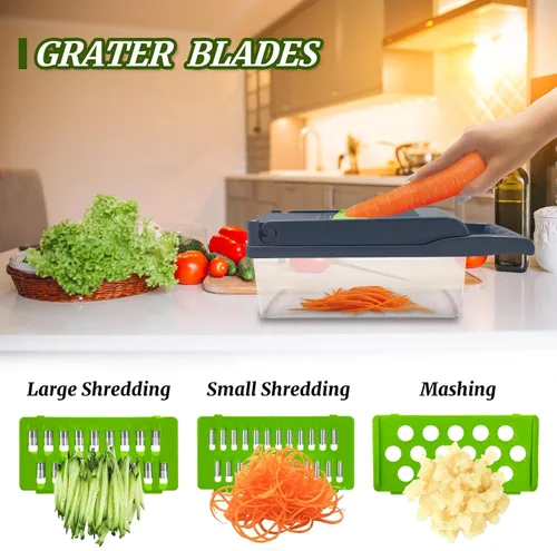 Vista 2 de Picador de verduras, multifuncional 14 en 1, picador de verduras de cocina con 8 cuchillas, cortador de cebolla profesional, cortador de verduras