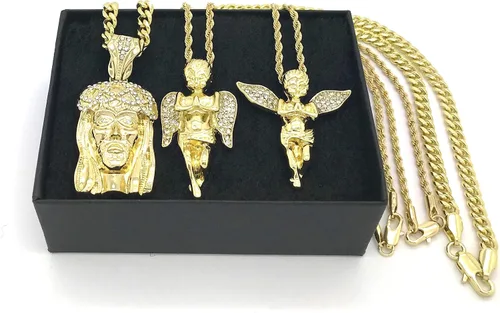 Vista 4 de Shiny Jewelers USA Juego de collar de cadena con colgante de Jesús dorado para hombre, manos rezando, Ankh, cruz, ángel hip hop