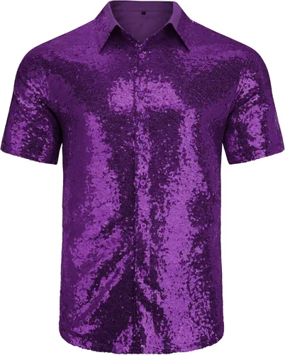 Vista 4 de LecGee Camisa de fiesta de lentejuelas para hombre de manga corta con botones brillantes y botones de los años 70 para fiesta club camisa brillante