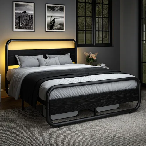 Vista 15 de Catrimown - Marco para cama individual con luces LED, marco de cama plataforma individual resistente de metal rústico con cabecera de madera