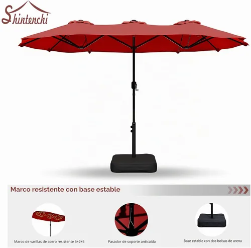 Vista 7 de Shintenchi Sombrilla de patio grande de 13 pies con base, sombra rectangular de doble cara al aire libre con manivela para jardín de césped junto a