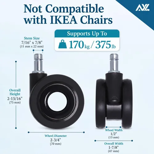 Vista 3 de AXL Hubless - Ruedas para silla de oficina, 2.8 pulgadas, repuesto de ruedas de goma, modernas y silenciosas para suelos de madera dura y alfombras