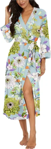 Vista 37 de VINTATRE Bata tipo kimono para mujer, bata larga de punto, ligera, suave, ropa de dormir con cuello en V, casual, ropa de descanso para mujer Verde