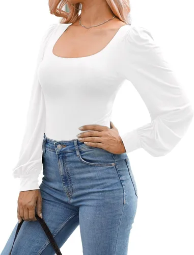 Vista 3 de MANGOPOP Body de manga abombada con cuello cuadrado y manga larga para mujer para salir