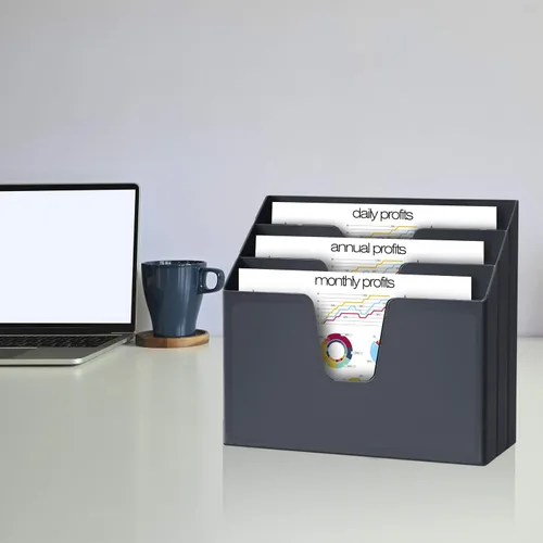 Vista 2 de Acrimet organizador fólder de triple archivo horizontal (color negro) Open Top Design, 3 Staggered Compartments, Wall-Mountable or Desktop
