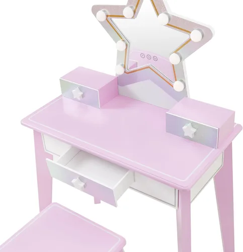 Vista 10 de Teamson Kids Juego de tocador de estrellas con luces LED para niñas, mesa de maquillaje rosa de 2 piezas para niños con espejo, 3 cajones
