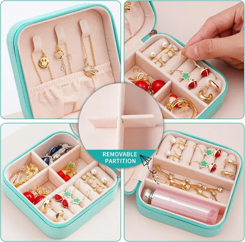 Vista 5 de Mini caja de joyería portátil de viaje de cuero organizador de anillos de joyería caja de regalo para niñas y mujeres 2 piezas azul
