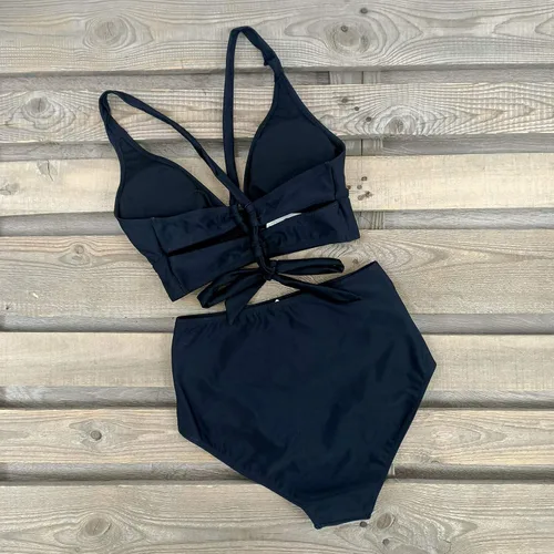 Vista 5 de SPORLIKE - Traje de baño de cintura alta para mujer, bikini de dos piezas con control de abdomen y parte superior triangular