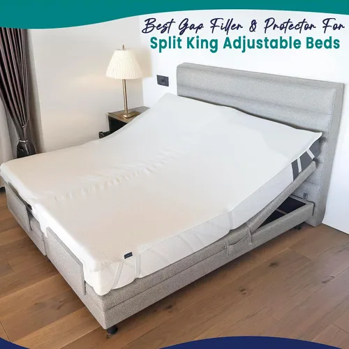 Vista 4 de Convertidor de puente de cama 2 en 1 de tamaño individual a King con protector de colchón impermeable y correas elásticas, relleno de espacio King