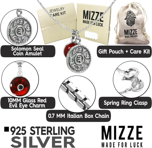 Vista 2 de MIZZE Made for Luck Prosperity - Collar con dije de moneda de plata, cadena de caja de 20 pulgadas con dije de protección contra el mal de ojo rojo