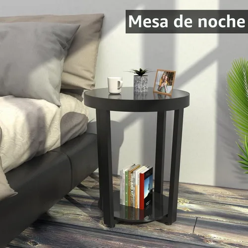 Vista 7 de Mesa auxiliar redonda, mesa auxiliar de vidrio templado con marco de metal, mesa de centro pequeña, mesa auxiliar negra para sala de estar, balcón