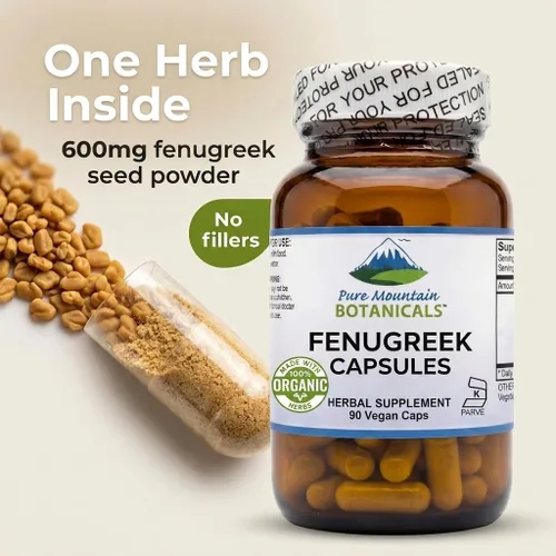 Vista 3 de Pure Mountain Botanicals Cápsulas de fenogreco de 600 mg orgánicos, 90 cápsulas veganas kosher - Suplemento de semillas de fenogreco para mujeres