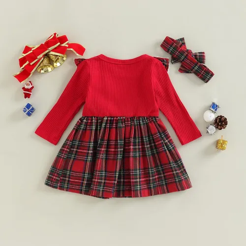 Vista 7 de Trajes de Navidad para niñas pequeñas, vestido de manga larga, falda vintage de encaje de una pieza, vestido de fiesta de terciopelo rojo, vestido