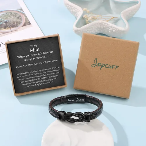 Vista 7 de Pulsera de nudo de hombre para regalo, cuero trenzado color marrón, del infinito, de acero inoxidable, con la frase Love You Forever, para hijos