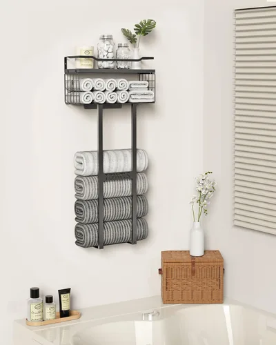 Vista 7 de Aetyord Toallero para Baño de 31 Pulgadas Montado en Pared, Estante Flotante con Tablero de Madera, Almacenamiento de Toallas para Baño que Puede