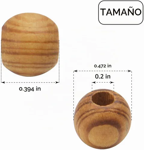 Vista 3 de Cuentas de madera natural, 200 piezas de 0.472 in redondas, agujero grande (0.177 in) para decoraciones de bricolaje