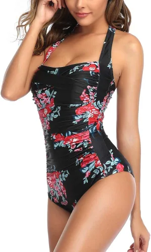 Vista 4 de Smismivo - Traje de baño con control del abdomen traje de baño de una pieza adelgazante de estilo vintage retro para mujer traje de baño fruncido