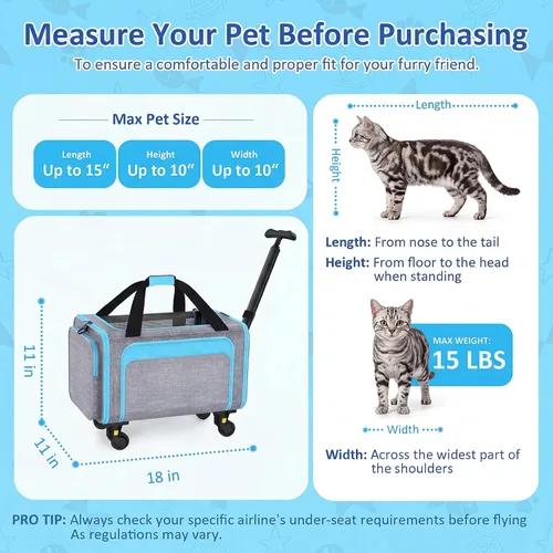 Vista 2 de Transportín rodante para mascotas con ruedas desmontables – 18x11x11 aprobado por TSA para aerolíneas Southwest Delta United American, bolsa