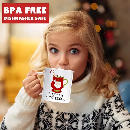 Vista 7 de Taza personalizada de los niños de los personajes del cacao caliente del día festivo con nombre, polímero ligero