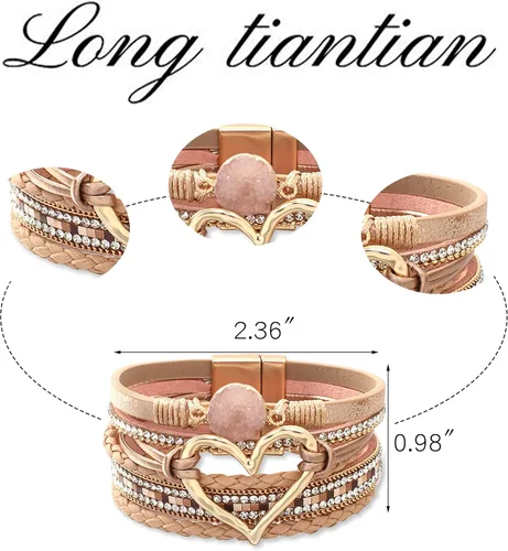 Vista 4 de Long tiantian Pulseras de cuero boho para mujer, lindas pulseras apilables de verano con corazón para mujer, regalos de moda 2024