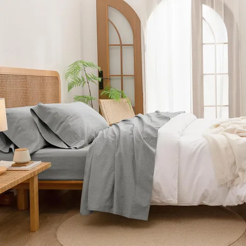 Vista 9 de BESTOUCH Juego de sábanas 100% algodón lavado, tacto de lino, súper suave, cómodo, elegante, ligero, juego de ropa de cama de 3 piezas, color gris
