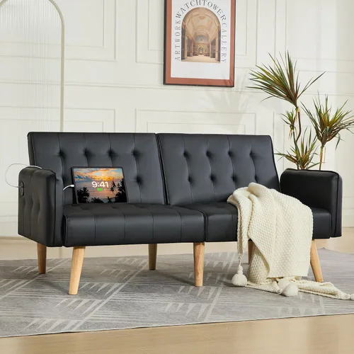 Vista 10 de TYBOATLE Sofá Cama Futón Plegable Convertible de Cuero Sintético de 65'' con 2 USB, Sofá de Dos Plazas para Espacios Pequeños, Apartamento