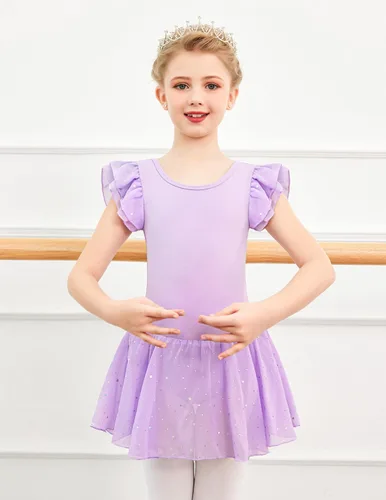 Vista 4 de Arshiner Leotardo de ballet brillante con mangas con volantes y falda con espalda cruzada para niñas