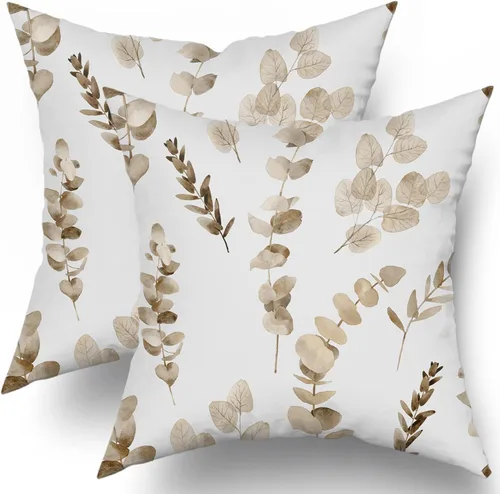Vista 9 de Sweetshow Juego de 2 fundas de almohada decorativas de hojas azules marrones de 16 x 16 pulgadas, diseño de ramas de eucalipto, hojas florales
